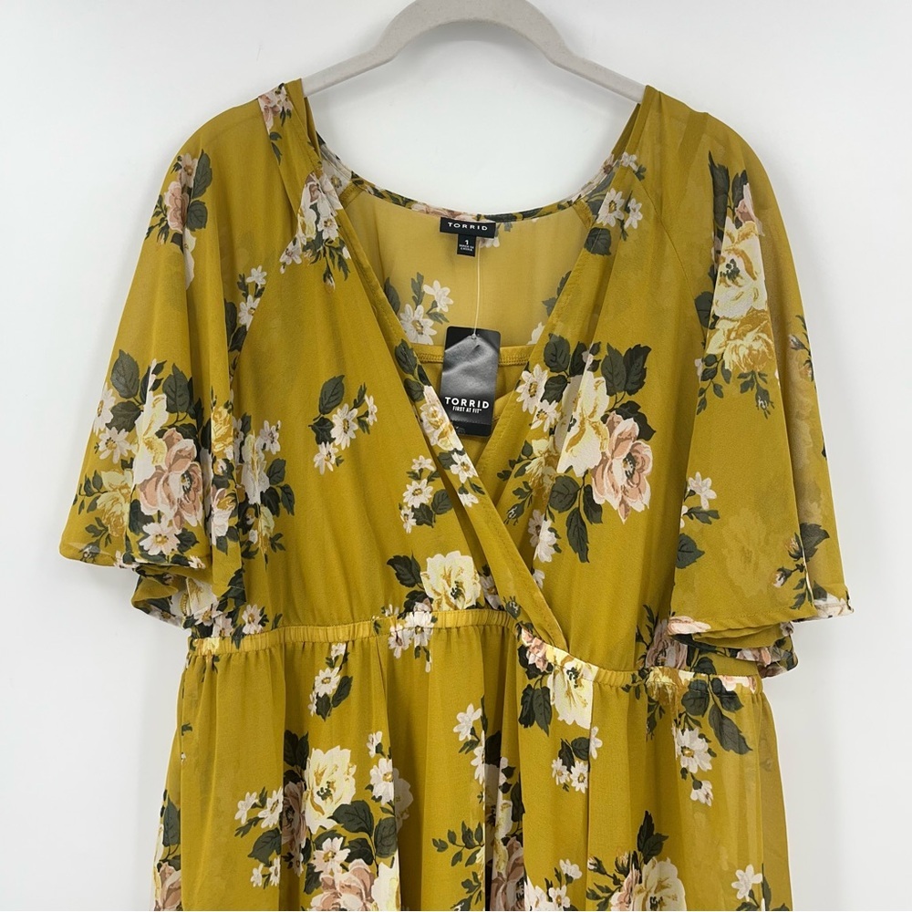 Torrid 1X Floral High Low Yellow Sheer Maxi Dress 0127 Slip Underneath mustard - Picture 4 of 14